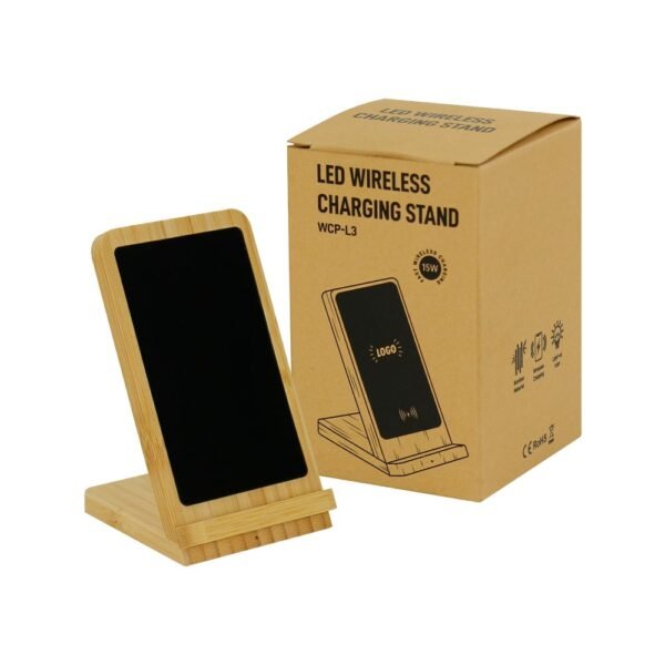 Bamboo Fast Wireless Charger Stand 15W with LED Logo – Eco-Friendly Qi Charging Solution