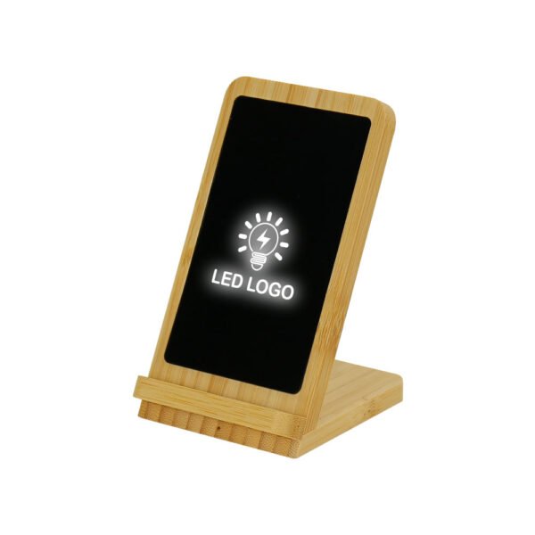 Bamboo Fast Wireless Charger Stand 15W with LED Logo – Eco-Friendly Qi Charging Solution